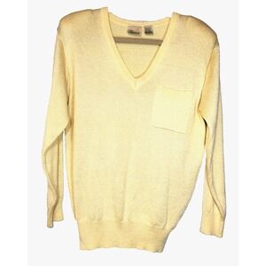 VTG Liz Claiborne Butter Yellow V-neck Sweater Small Pocket Shoulder Pads 80's